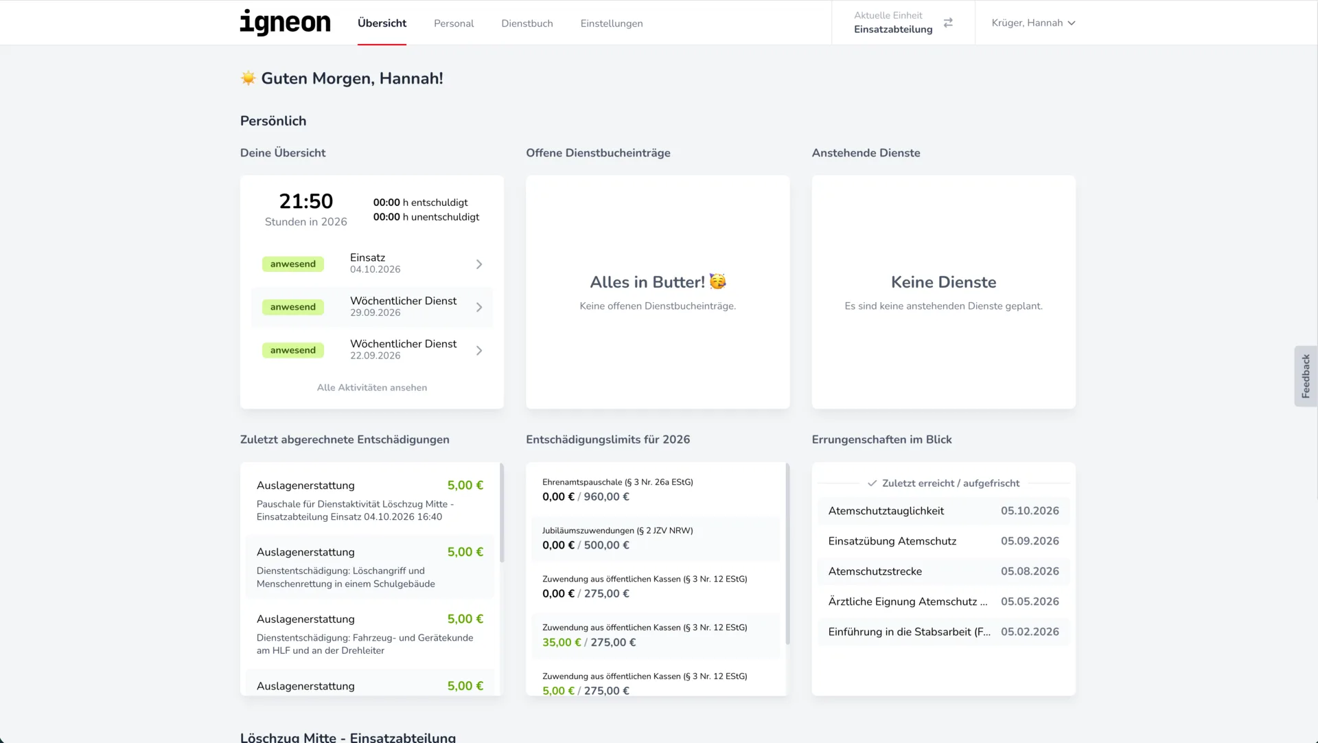 Persönliches IGNEON-Dashboard mit Anwesenheiten, Entschädigungen und Qualifikationen